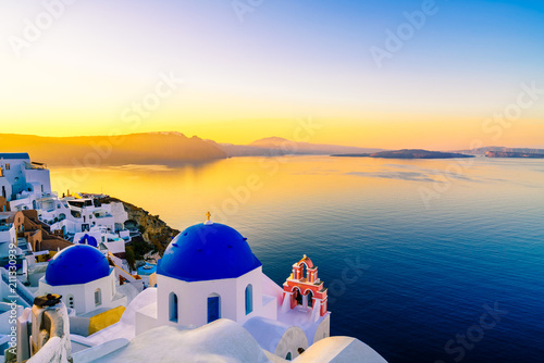 Beautiful Oia town at sunrise on Santorini island in Greece