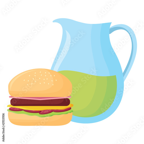 lemonade pitcher and hamburger over white background, vector illustration