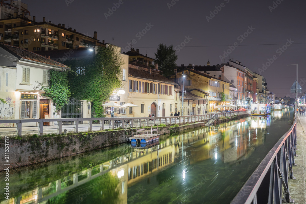 MILAN, ITALY - OCTOBER, 2015 - The Old City canal viewed from Via Ascanio Sforza street at night.