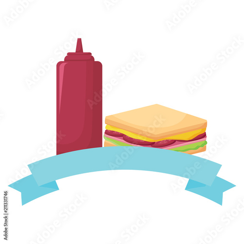 decorative ribbon with Sandwich and ketchup bottle icon over white background, vector illustration