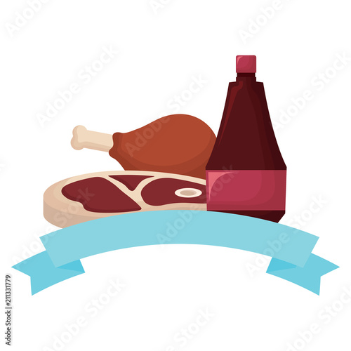 decorative ribbon with meat steak and chicken thigh and sauce bottle icon over white background, vector illustration