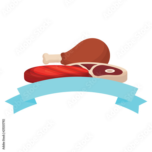 decorative ribbon with meat steak and chicken thigh and sauce bottle icon over white background, vector illustration