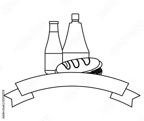 decorative ribbon with Sandwichs and sauces bottle icon over white background, vector illustration