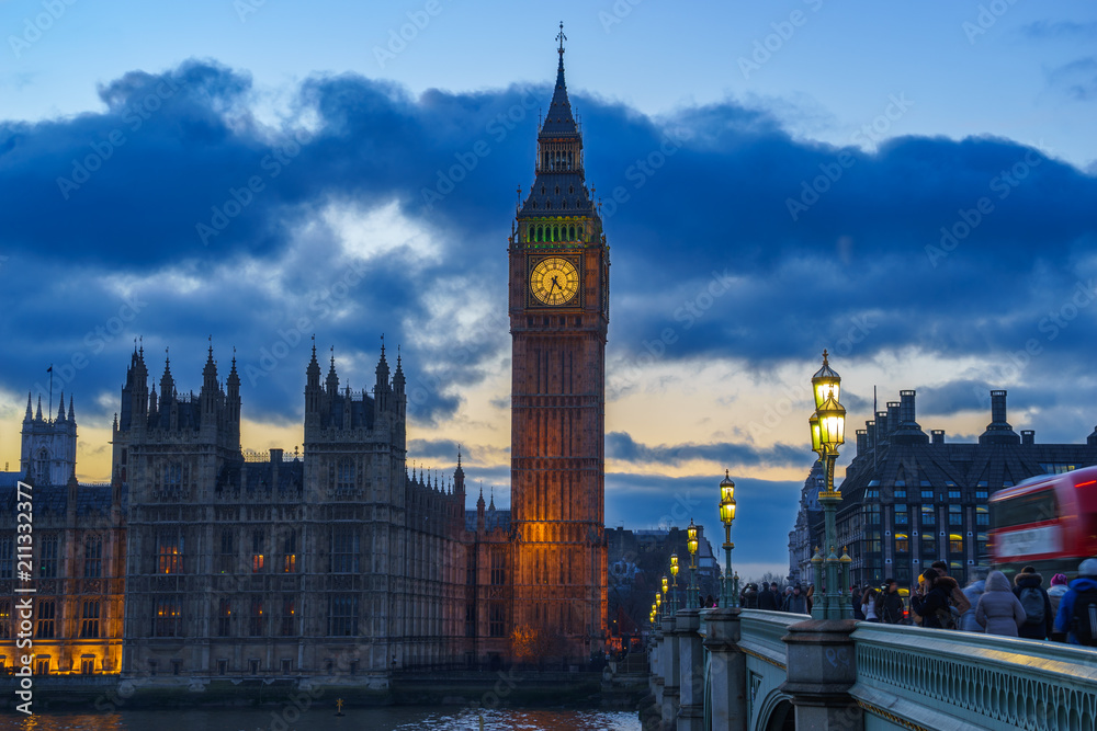Westminster and Big Ben in London at dusk
