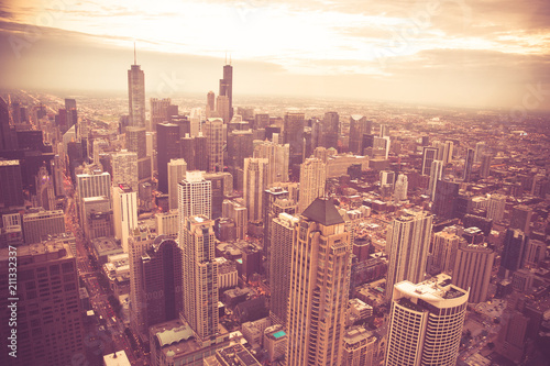 Chicago Illinois skyline cityscape seen from above with vintage retro tone
