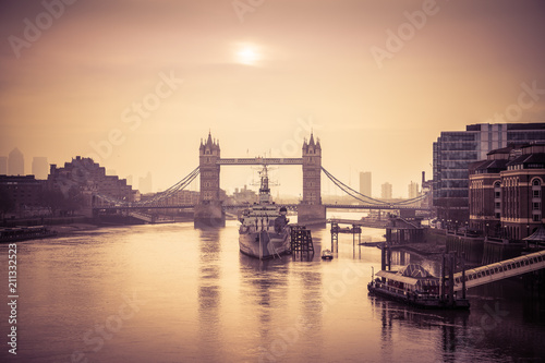 Front view of Tower Bridge at sunrise in London. England
