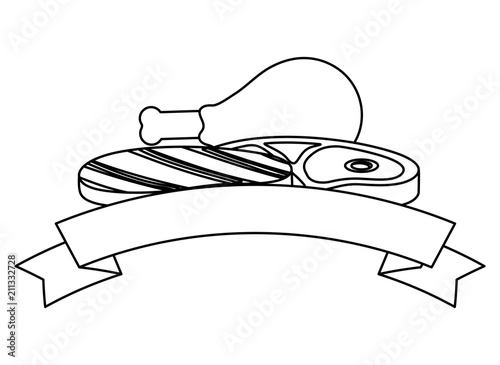 decorative ribbon with meat steak and chicken thigh and sauce bottle icon over white background, vector illustration