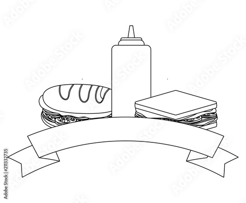decorative ribbon with Sandwichs and sauces bottle icon over white background, vector illustration