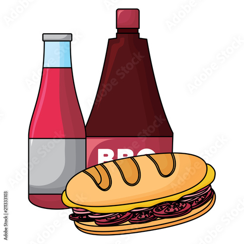 Sandwich and sauces bottles icon over white background, vector illustration