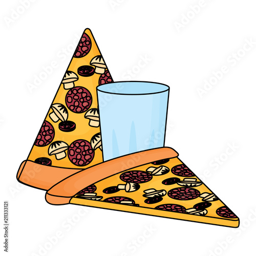 pizza slices and glass icon over white background, vector illustration