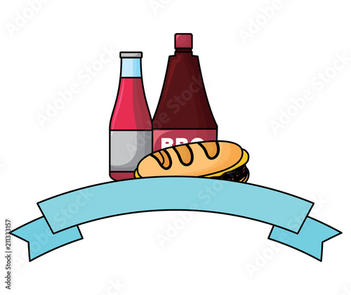 decorative ribbon with Sandwichs and sauces bottle icon over white background, vector illustration