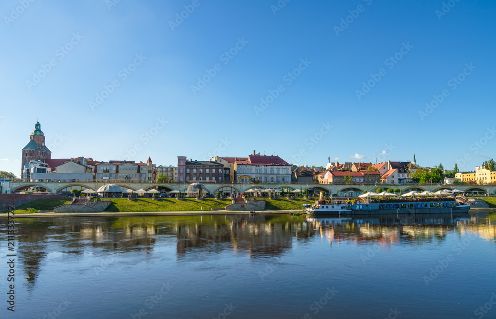 Waterfront panorama of boulevard in Gorzow Wielkopolski at sunny summer day 