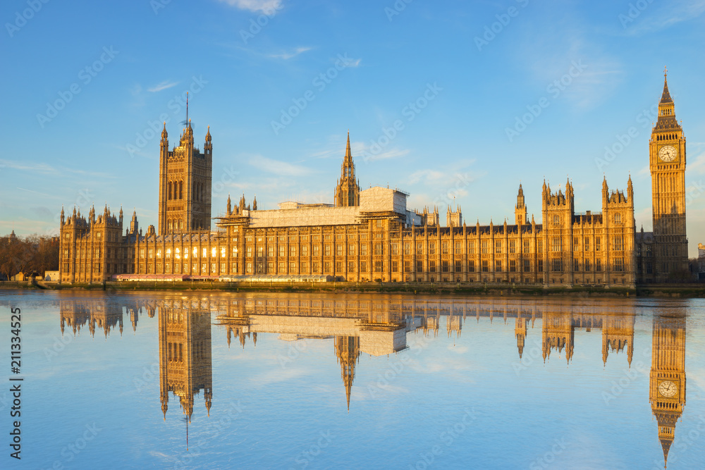 Houses of Parliament and Big Ben with reflection in London, England