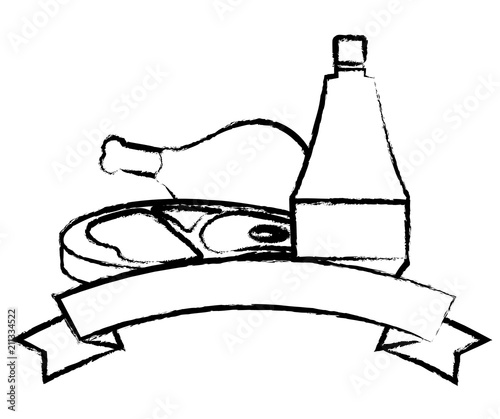 decorative ribbon with meat steak and chicken thigh and sauce bottle icon over white background, vector illustration