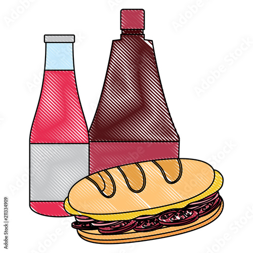 Sandwich and sauces bottles icon over white background, vector illustration