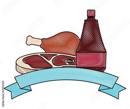 decorative ribbon with meat steak and chicken thigh and sauce bottle icon over white background, vector illustration