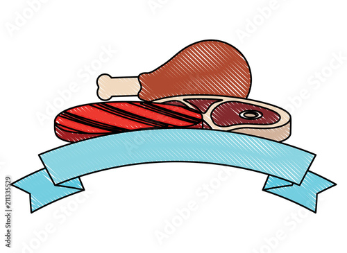 decorative ribbon with meat steak and chicken thigh and sauce bottle icon over white background, vector illustration