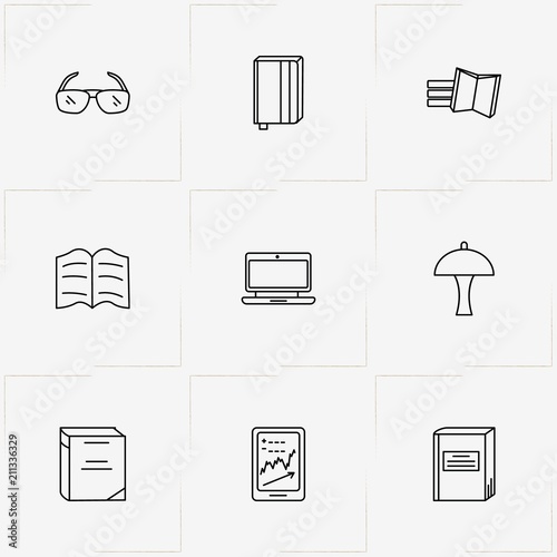 Reading line icon set with tablet, spectacle and laptop