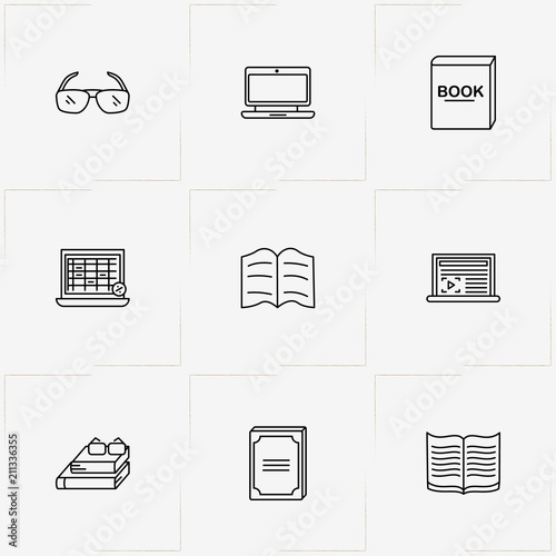 Reading line icon set with laptop, spectacle and book