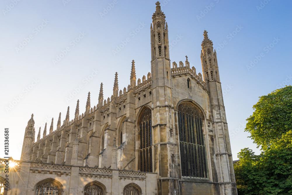 Kings chapel with sunset flare in Cambridge. England