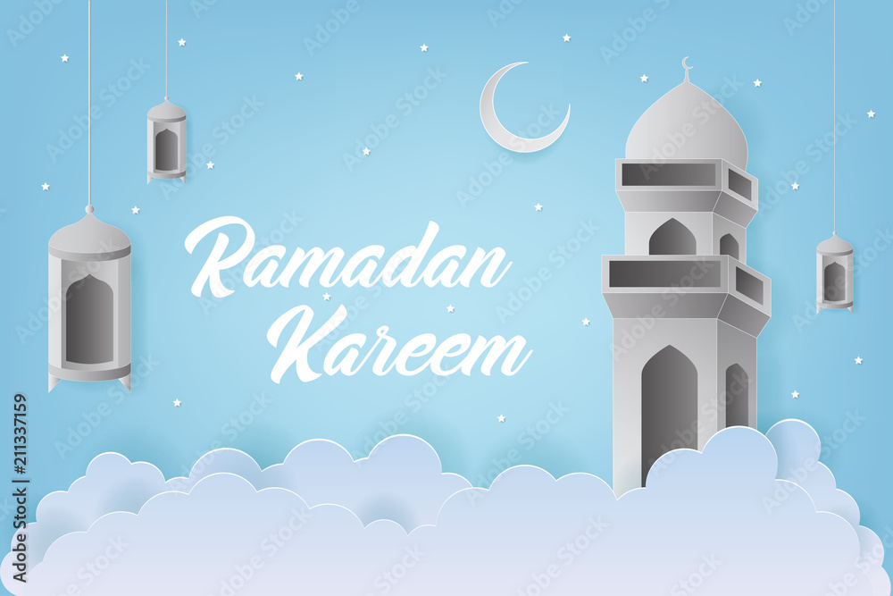 Ramadan Kareem Greeting card design with tower mosque and lantern vector Illustration. Ramadan Kareem Greeting Background. Paper art and Craft Style. Tower Mosque and Lantern Vector Illustration.