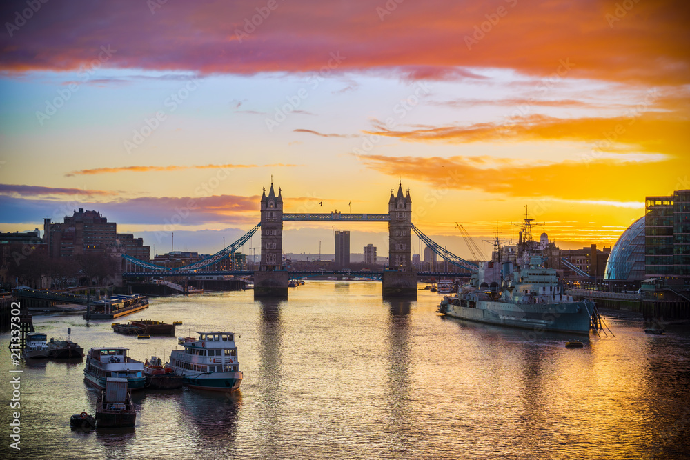 Panorama of Tower Bridge in London at sunrise