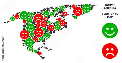 Happiness and sorrow North America map composition of emojis in green and red colors. Positive and negative mood vector template.