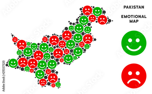 Emotion Pakistan map mosaic of smileys in green and red colors. Positive and negative mood vector concept. Pakistan map is constructed from red sad and green glad emotion symbols.