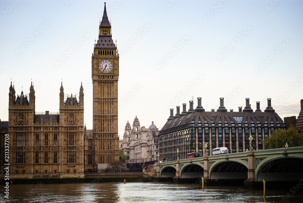 Big Ben and Westminster on cloudy winter day in London, United Kingdom