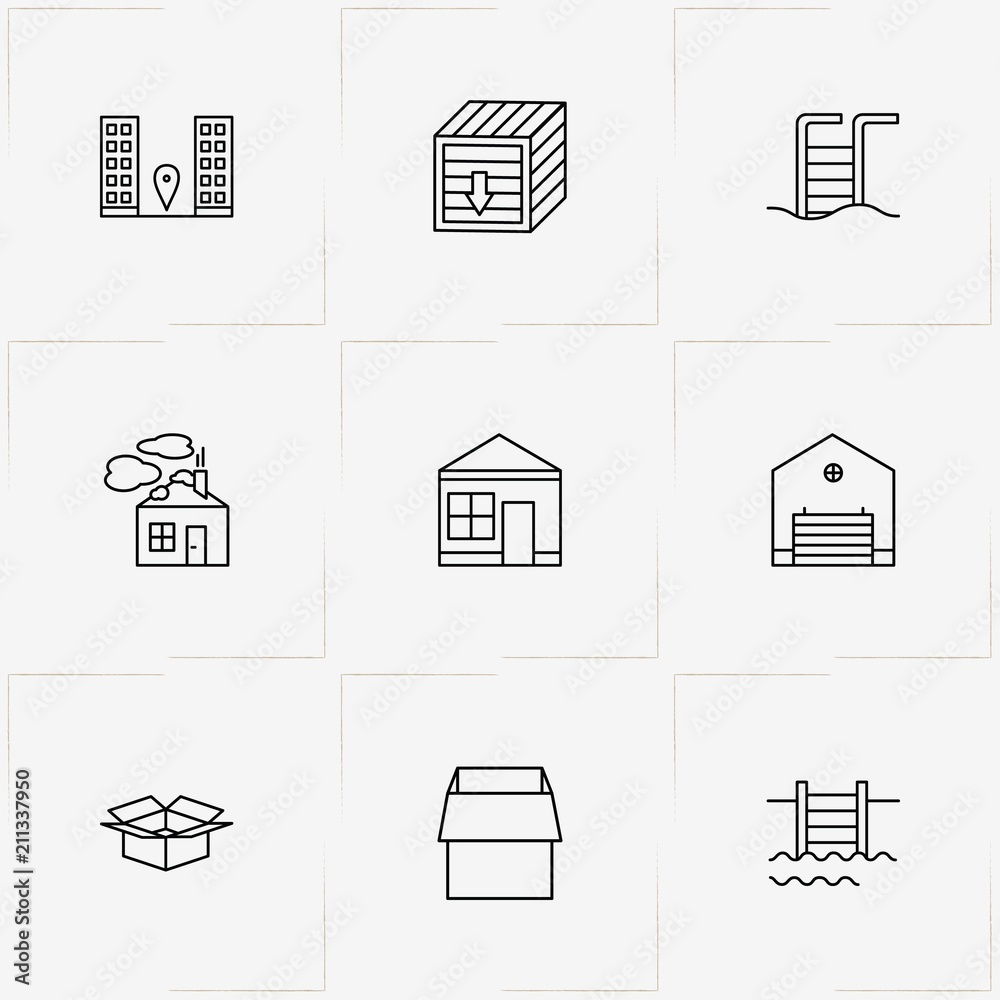 Real Estate line icon set with swimming pool ladder, box and building location Real Estate line icon set with swimming pool ladder, box and building location