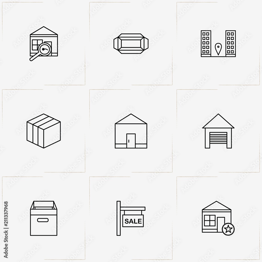 Real Estate line icon set with garage, house and building location Real Estate line icon set with garage, house and building location