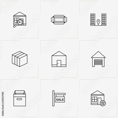 Real Estate line icon set with garage, house and building location