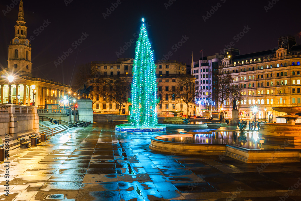 Trafalgar Square with Christmas tree in London.England 