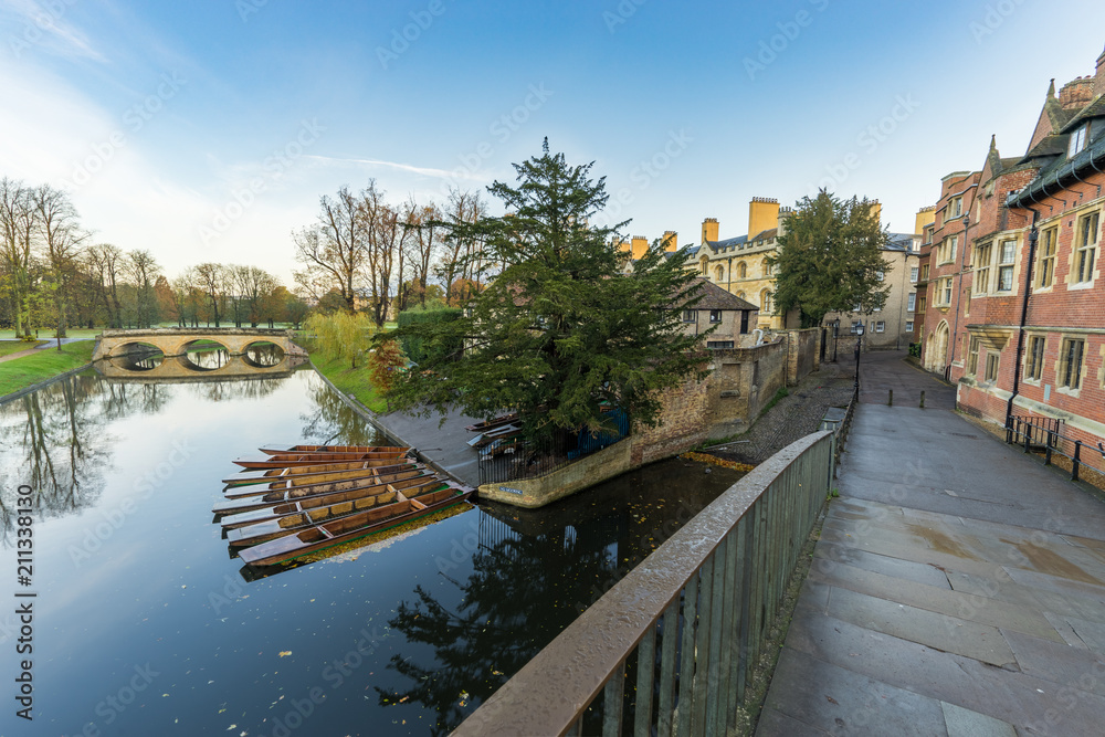Punting boats at the river cam in Cambridge viewed from the bridge 
