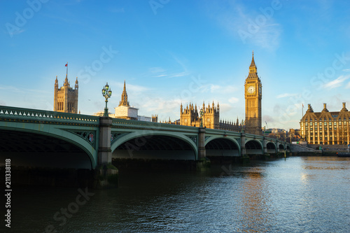 Big Ben and Westminster bridge at sunny morning, London, UK