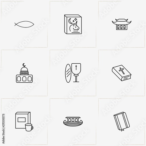 Religion line icon set with mosque , book and holy bible