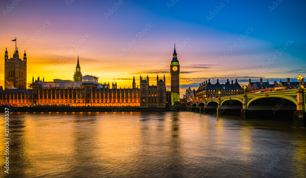 Westminster Palace and Big Ben at sunset 