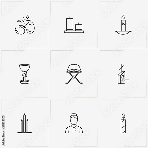 Religion line icon set with muslim man , om and holy book