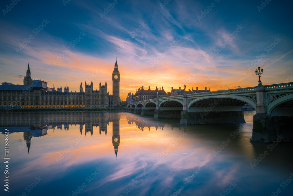 Big Ben and Westminster Palace at beautiful sunset in London. England