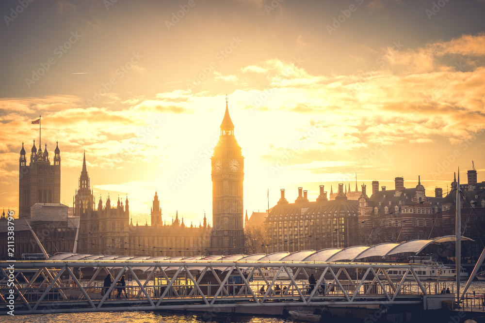 Big Ben illuminated by sunset light in London, England