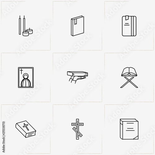 Religion line icon set with holy book , christian crest and church candles