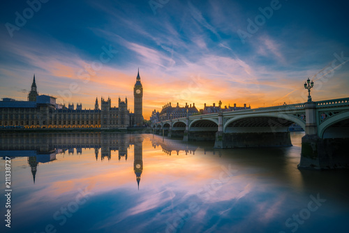 Big Ben and Westminster Palace at beautiful sunset in London. England