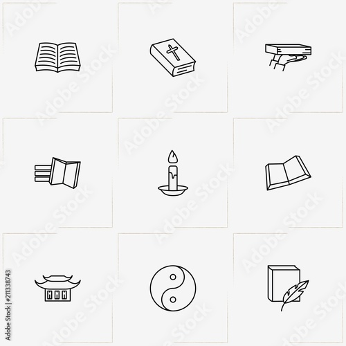 Religion line icon set with holy bible , chinese house  and yin yang