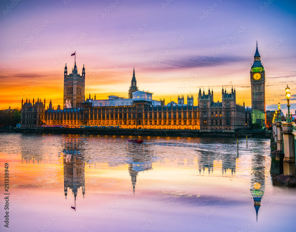 Westminster Palace and Big Ben at beautiful sunset in London