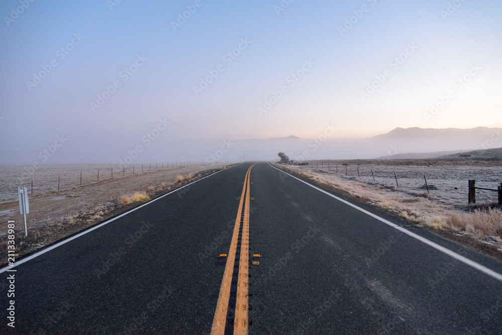 朝霧のかかったアメリカ大陸の真っ直ぐな一本道