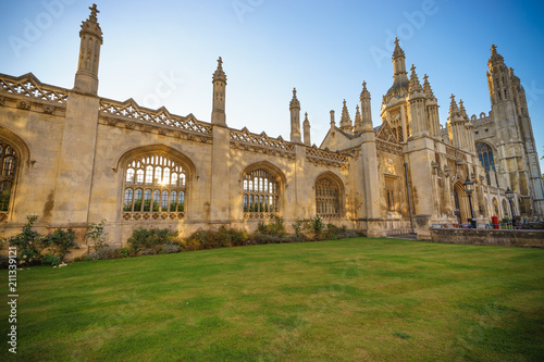 Beautiful architecture of King's College with sun flare in Cambridge, UK