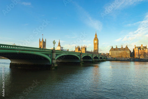 Big Ben and Westminster bridge with blue sky in London  United Kingdom