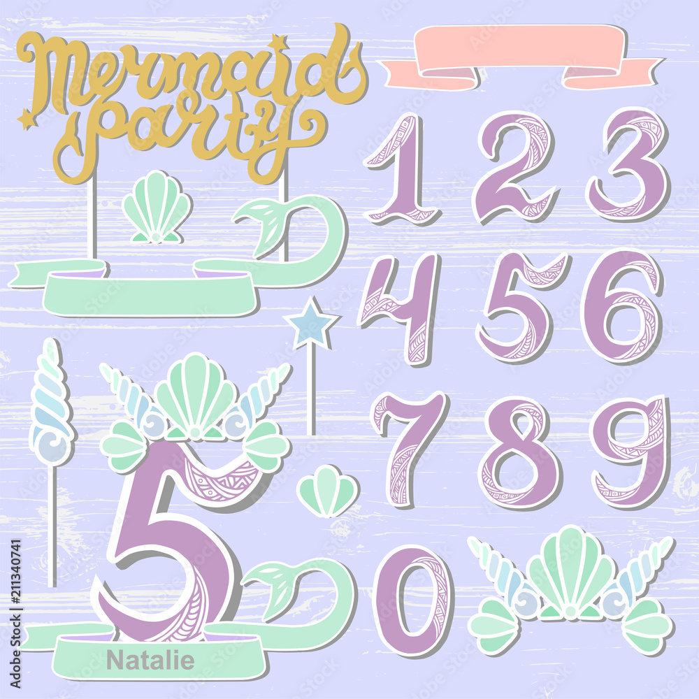 Vector set with Mermaid Party text, Sea Shell Crown, numbers. Mermaid Party lettering as patch, stick cake toppers, laser cut plastic, wooden toppers. Design elements for baby birth, Birthday party