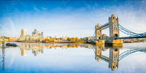 Beautiful autumn panorama of Tower Bridge and financial district of London. England. UK