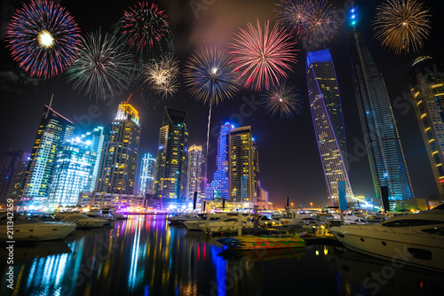 Firework display at Dubai marina at night, UAE